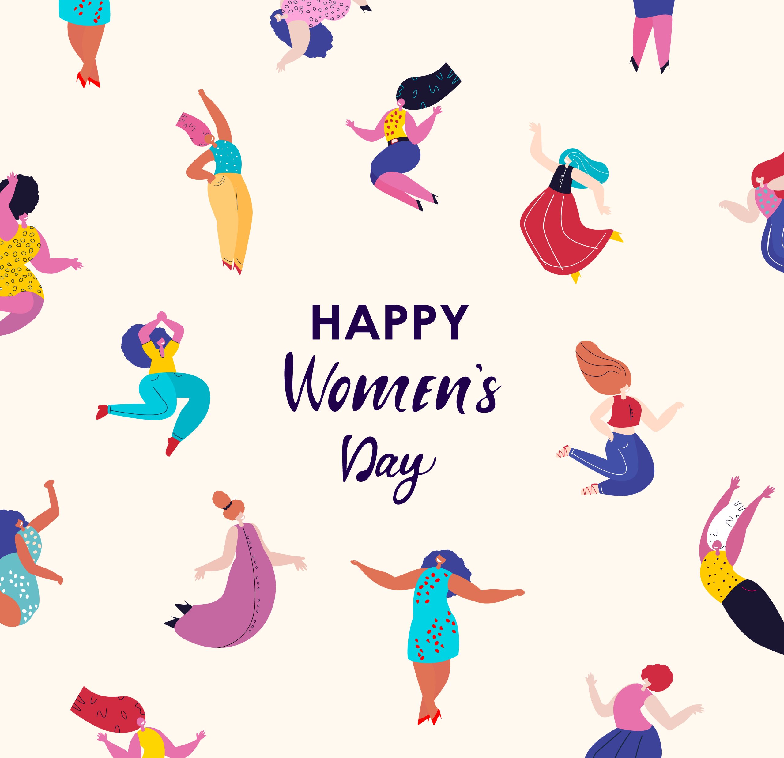 Happy International Woman Day.Feminism concept.Bright Beautiful Dancing Girls in Different Poses.Funny Party,Eight of March Celebration.Free Confident Women.Female Empowerment